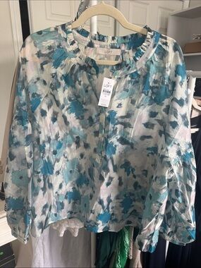 LOFT Teal and White Watercolor Floral Blouse